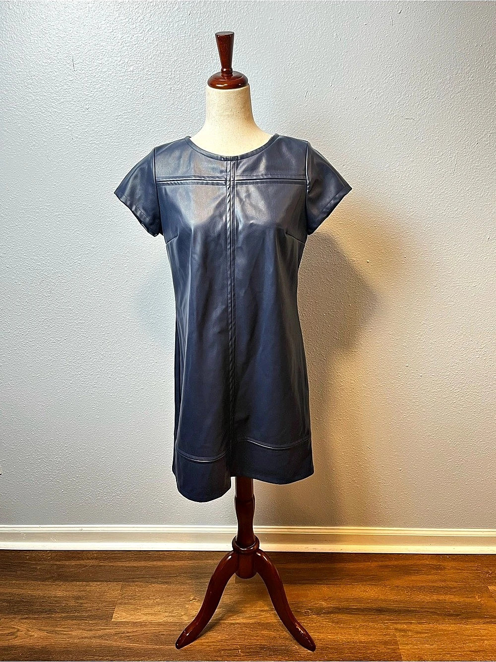 Jude Connally Vegan Leather Shift Mini Navy Dress Size Small